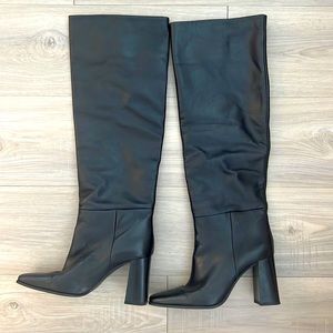 Black square toe over the knee leather boots
